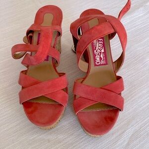 Salvatore Ferragamo Cross Strap Cork Wedge Sandals